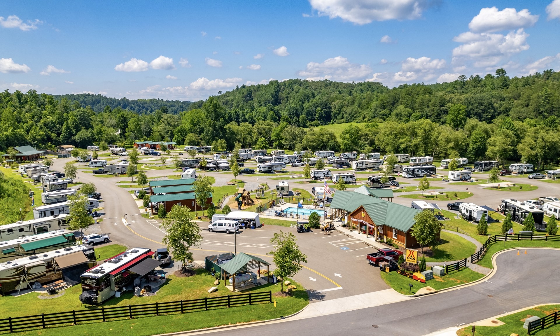 Aerial view of a KOA campground in the daytime